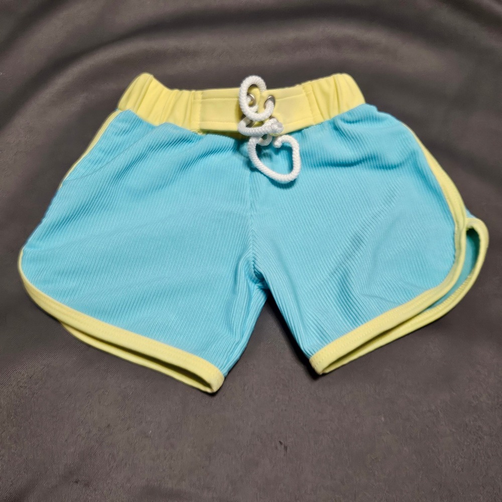 LainSnow Kids Turquoise Blue Ribbed Swim Shorts Yellow Trim 12/24M Made in USA